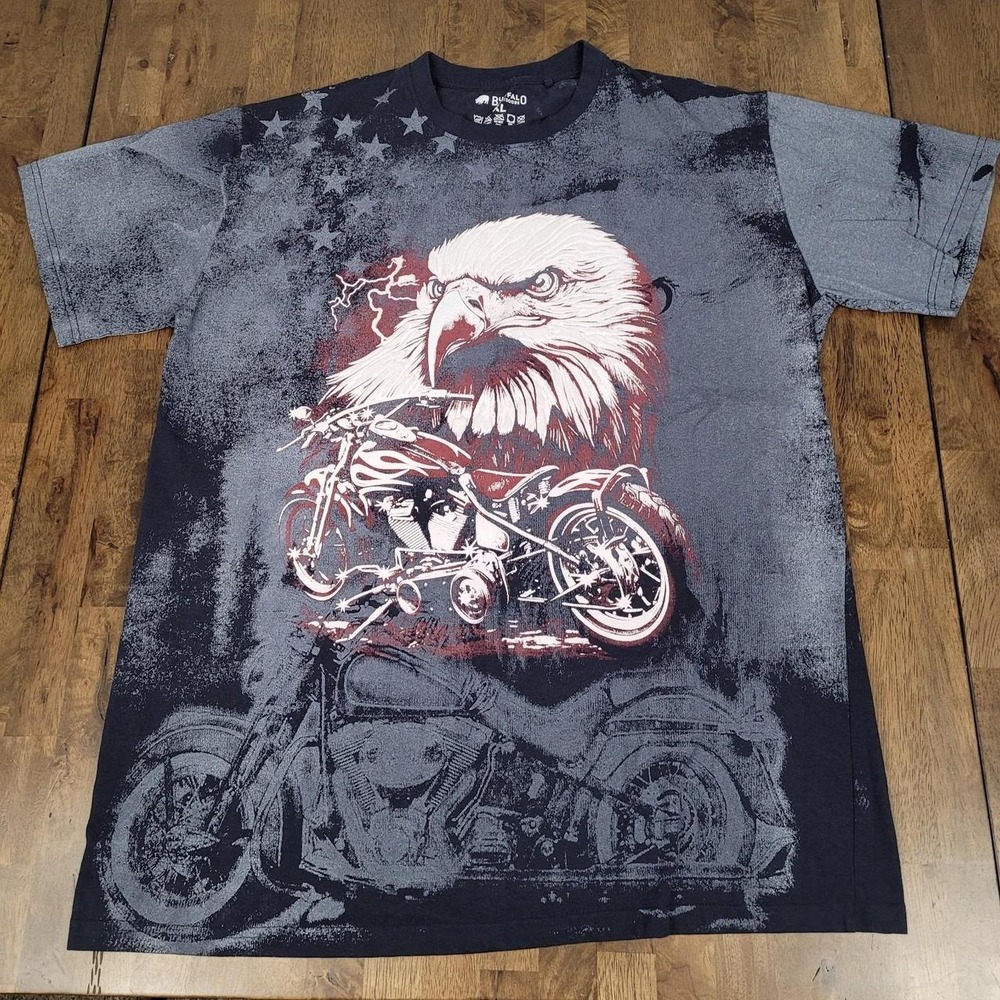 Buffalo Outdoors Eagle Motorcycle Tee Men's XL Blue Distressed American Flag